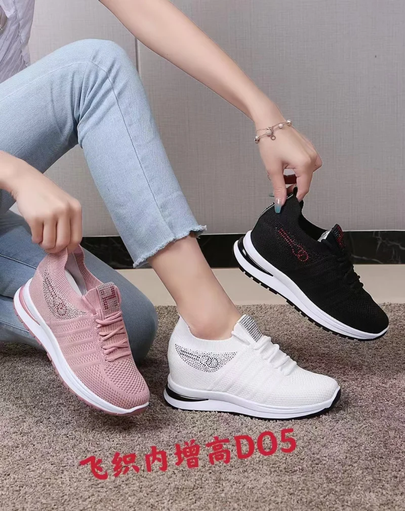 2023 Factory wholesale pink white flyweaving casual running shoes women height increasing sneaker