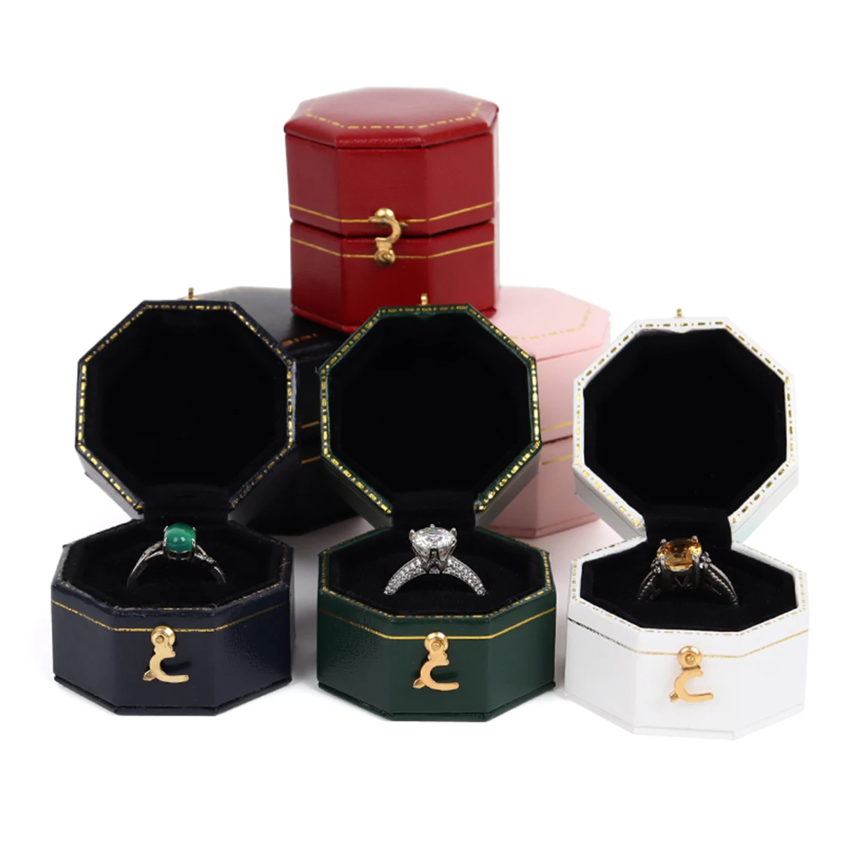 Custom Romantic Sweet Luxury Small PU  Engagement gift packaging JEWELRI BOX Jewelry Box Octagonal  Ring Box Six Colors