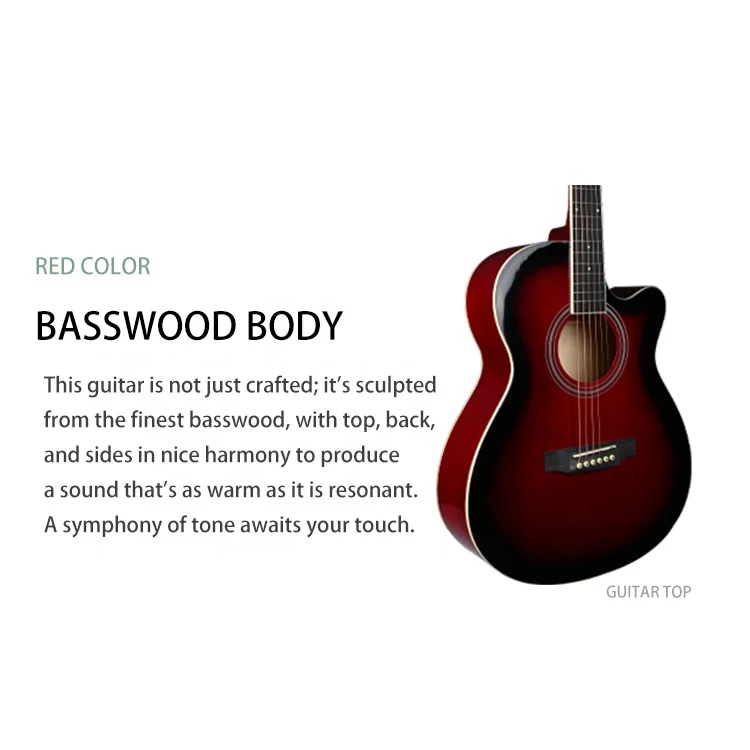 OEM 40 inch red beginner basswood linden wood plywood acoustic guitar with guitar pickup