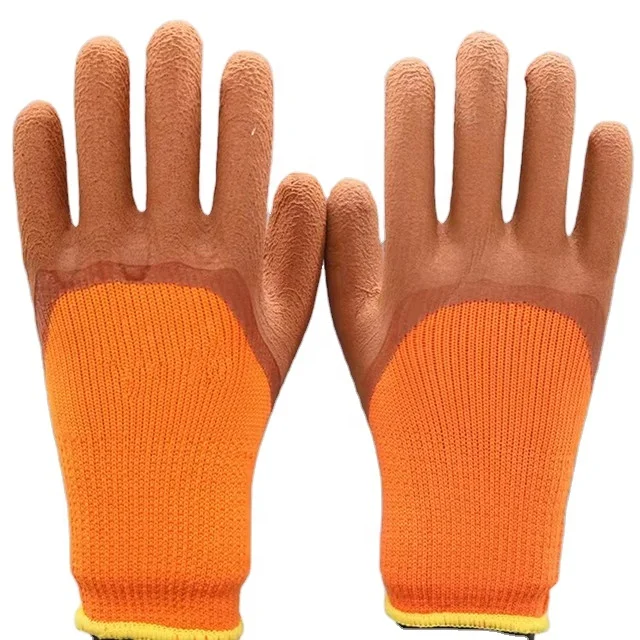 Anti Slip Crinkle Latex Coated Terry Knitted Gloves Winter Warm Construction Safety Thermal Work Gloves