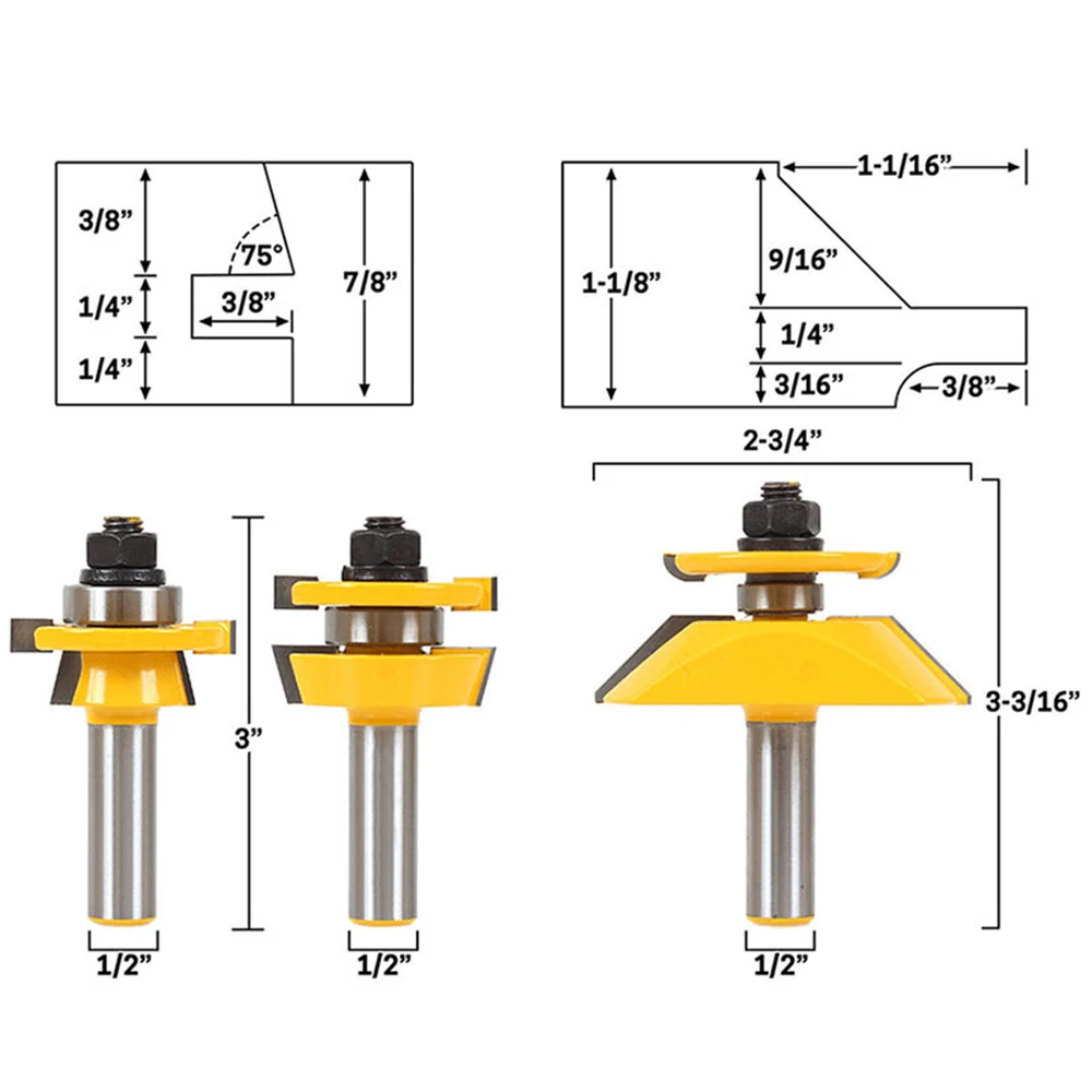 3pcs Tongue Groove Router Bits 1/2 Shank Raised Panel Cabinet Door Bit