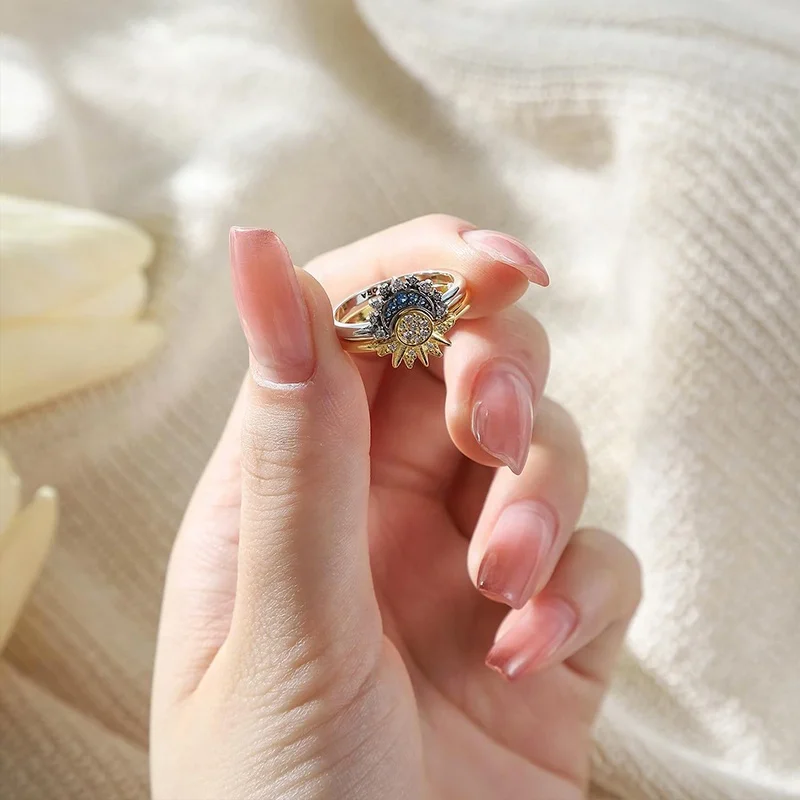 Custom couple sun and moon ring Zircon stacked Ring women 925 sterling silver