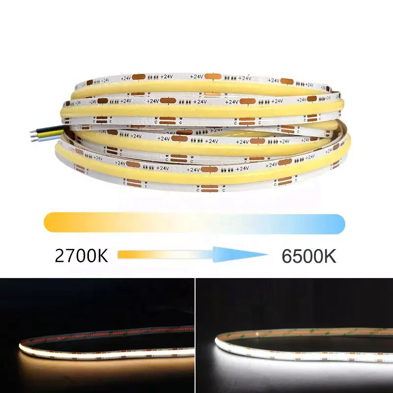 Dual color adjustable color temperature CCT 7+7W 24V 608LEDs 5/8/10mm three-colour LED COB strip light