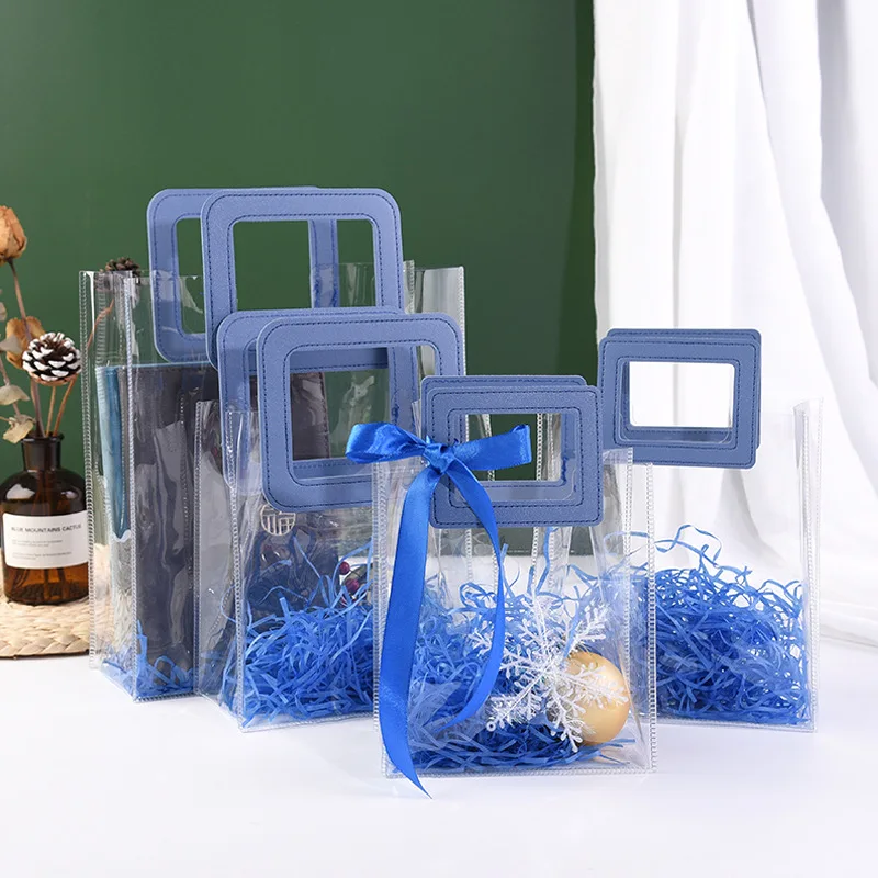 New Waterproof Blue Transparent Clear PVC Plastic Tote Bag PVC Hand Gift Bag With Handle For Packing Gift