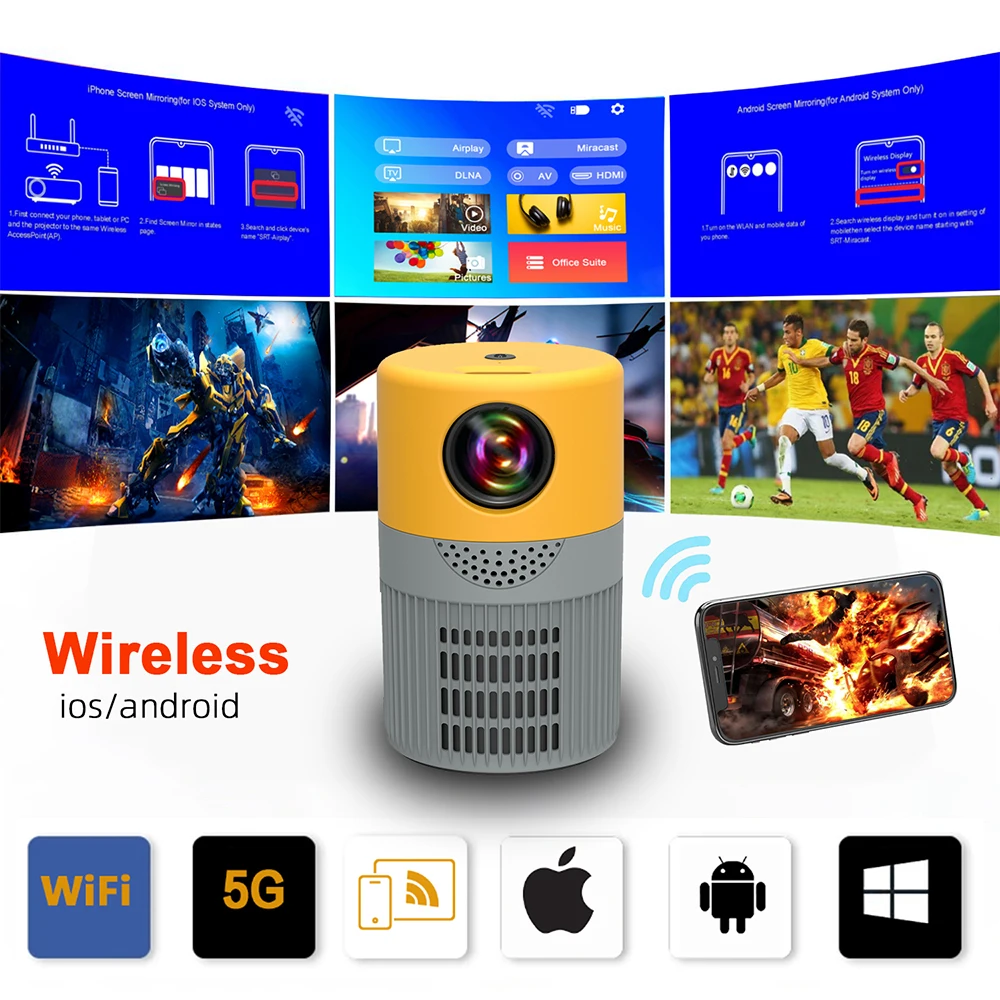 Home HD Projector Mini portable phone projector Yellow gray phone same screen version