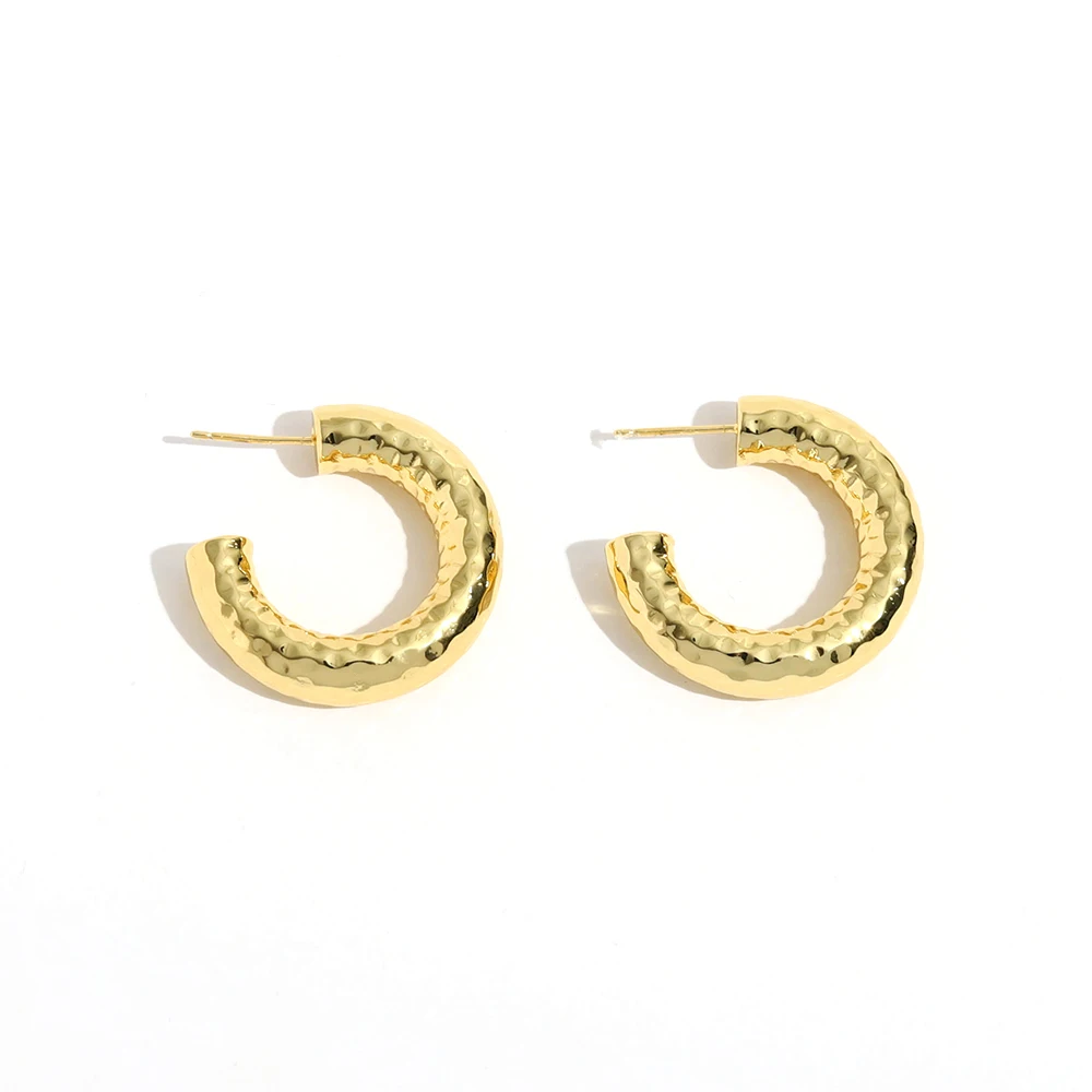 Custom Fahion Women jewelry 2024 14k Gold Plated Hammered Brass Earring Textured Hoop Earring