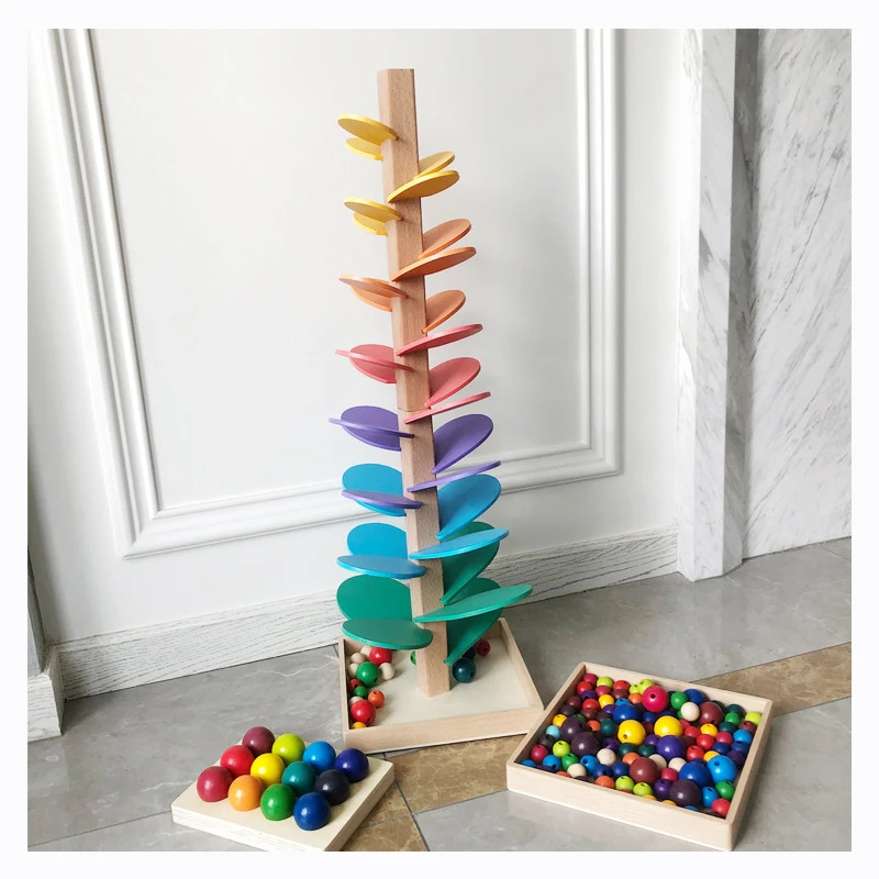 Educational Daycare Montessori Kids Wooden Toys Home Play Tree Rainbow Petal Ball Track Rock toy Marble Tree Classroom Toys