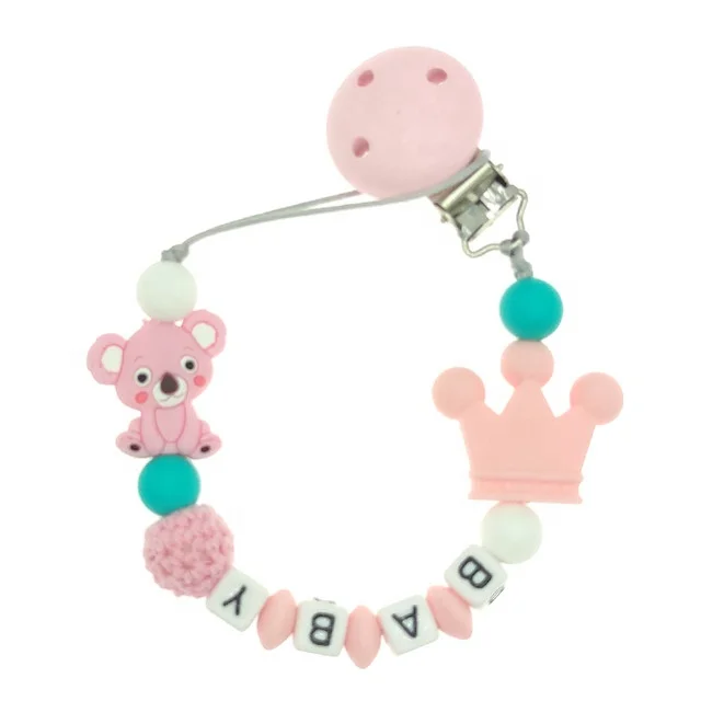 Liquid silicone  round and  flat transparent personalized baby fruit pacifier clip chain