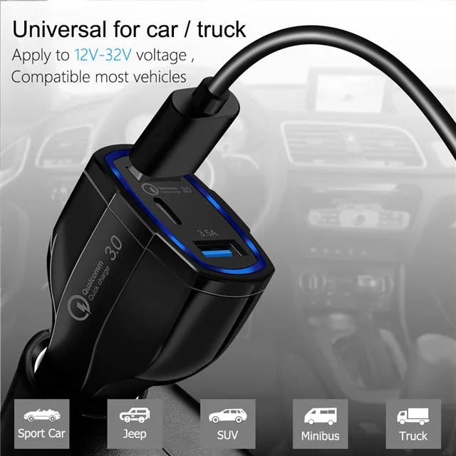  Автомобильное зарядное устройство 35 Вт 7A 3 порта Type C и USB-зарядное QC 0 с технологией быстрой зарядки