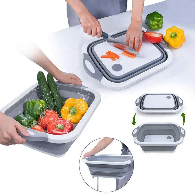 4 In 1 Collapsible Chopping Board Kitchen Foldable Strainer Fruit and Vegetable Basket Multi Function Plastic Cutting Board