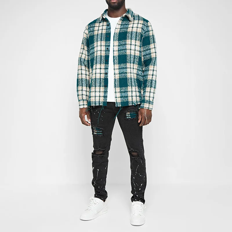 Wholesale Raw Edge Plaid Shirt Custom Distressed Textured Check Flannel Shirts