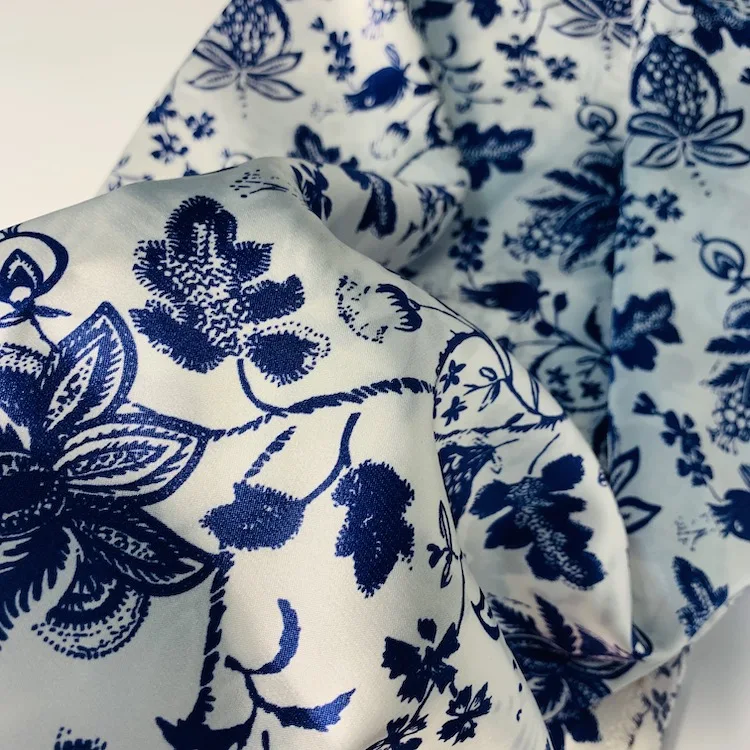 Wholesale Sample Free Stretched Blue Flower Porcelain Printed Satin Fabric Stock 100% Polyester For Pajamas