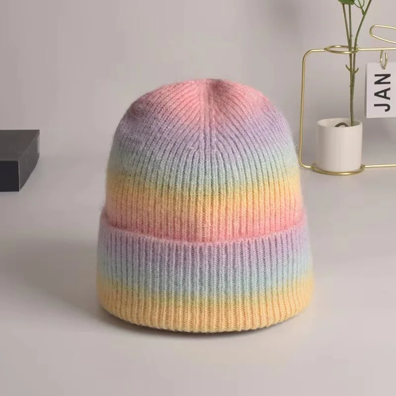 custom cute luxury warm knitted beanie blanks Winter cashmere bennie caps women gradient rainbow beanie hats with custom logo