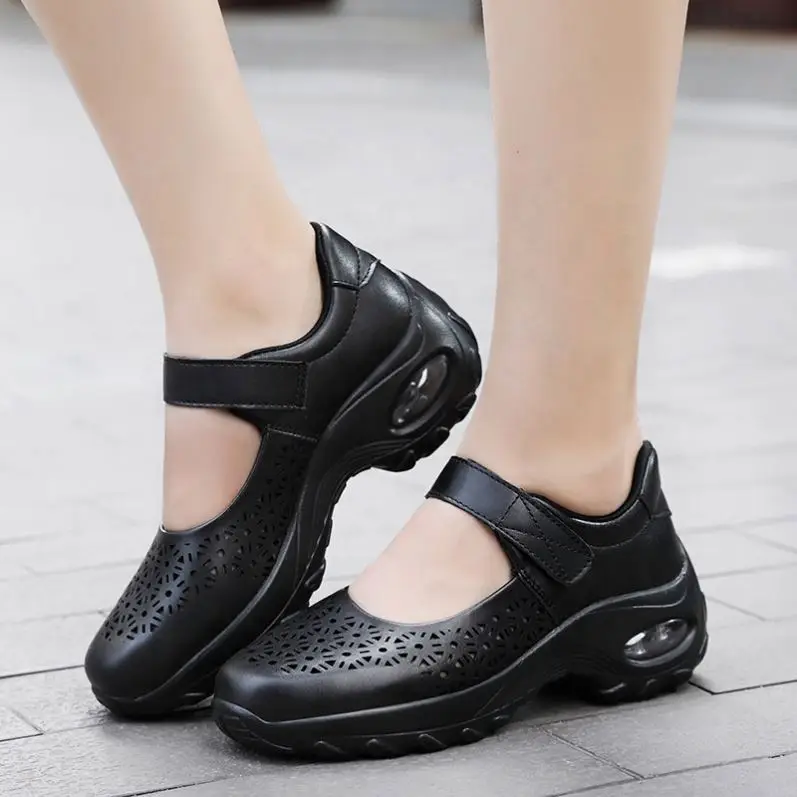 Hot Selling Lightweight Plus Size Nurse Shoes Hollow Leather Dance Breathable Deodorant Non-Slip Round Toe Sneakers