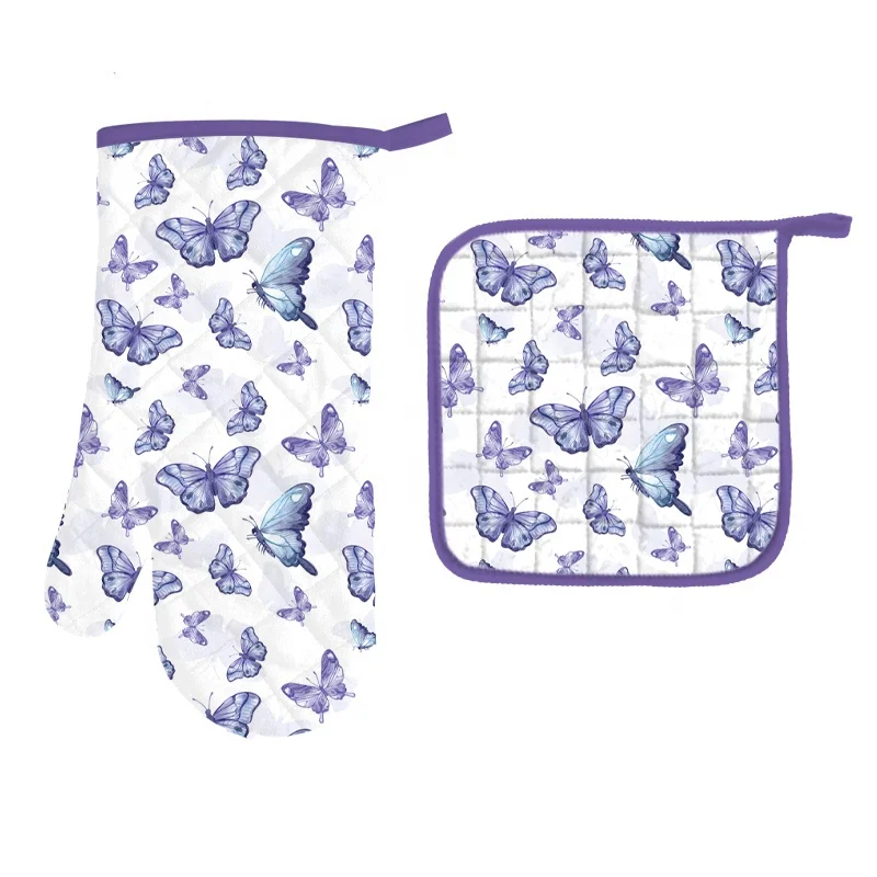 Custom New Design Printed Polyester Cotton Butterfly Pattern Chef Cooking Apron and Kitchen Towel Oven Glove Pot Holder Set