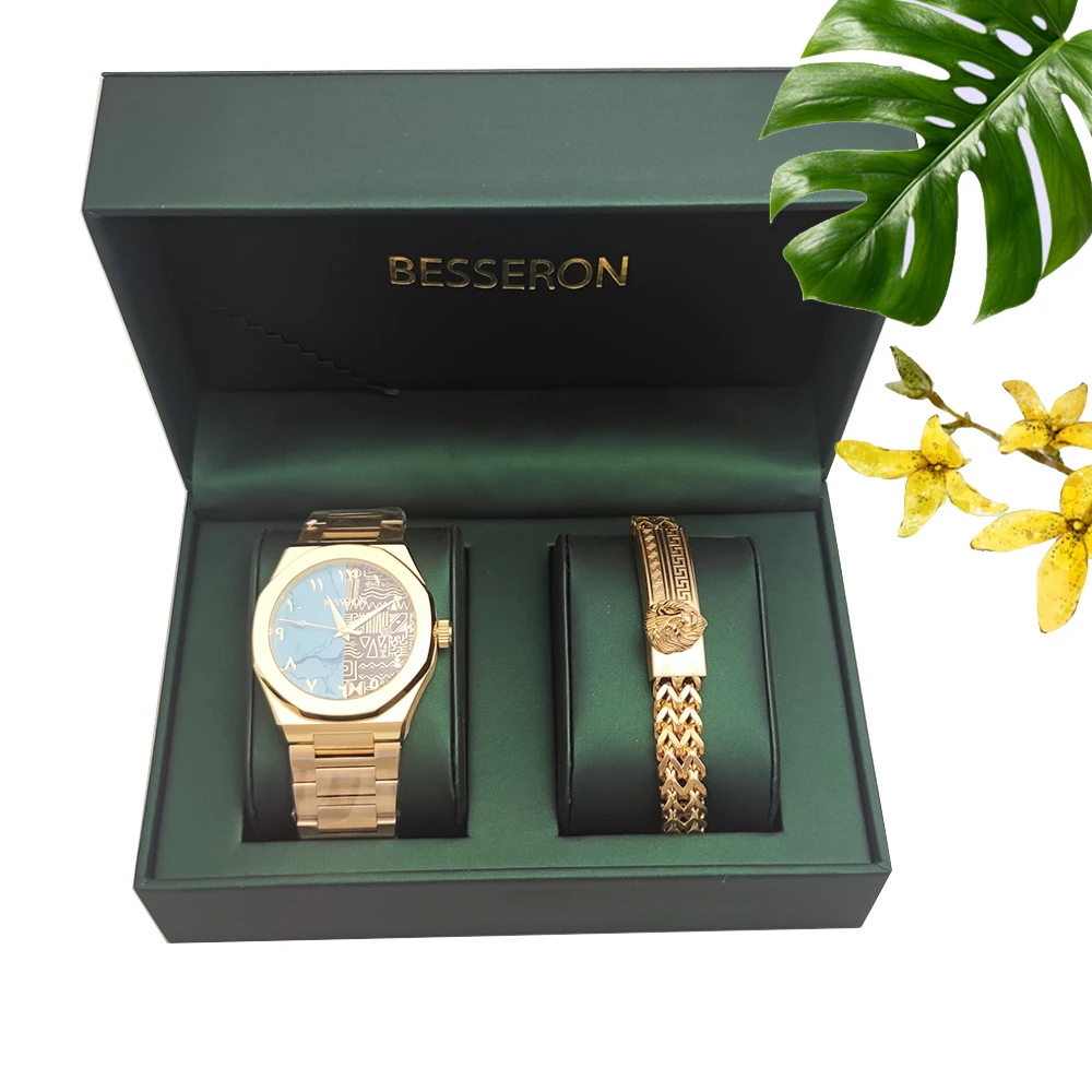 Unique arabic design gold Retro quartz watches soild stainless steel japan movement men wrist watch with bracelet set