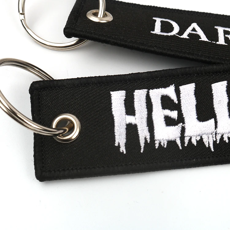 Wholesale Custom Private Brand Name Logo Promotional OEM Fully Embroidered Metal Ring Keychains