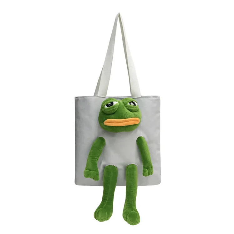 Faux Fur Animal Pattern Hand Bags Solid Color Canvas Tote Bag with Plush Frog Doll
