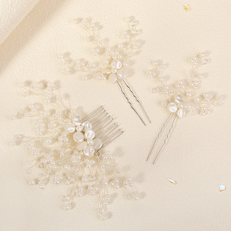 Miallo 3Pcs/set ceramic flower Bridal Hair Custom Comb Pin Handmade Rhinestone Pearl Side Comb Jewelry Set Wedding Hair Accessor