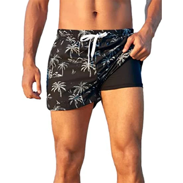 Mens Short Stripe Swim Trunks Quick Dry Swim Shorts with Pockets Swimming Bathing Suits Trunks with Compression Liner