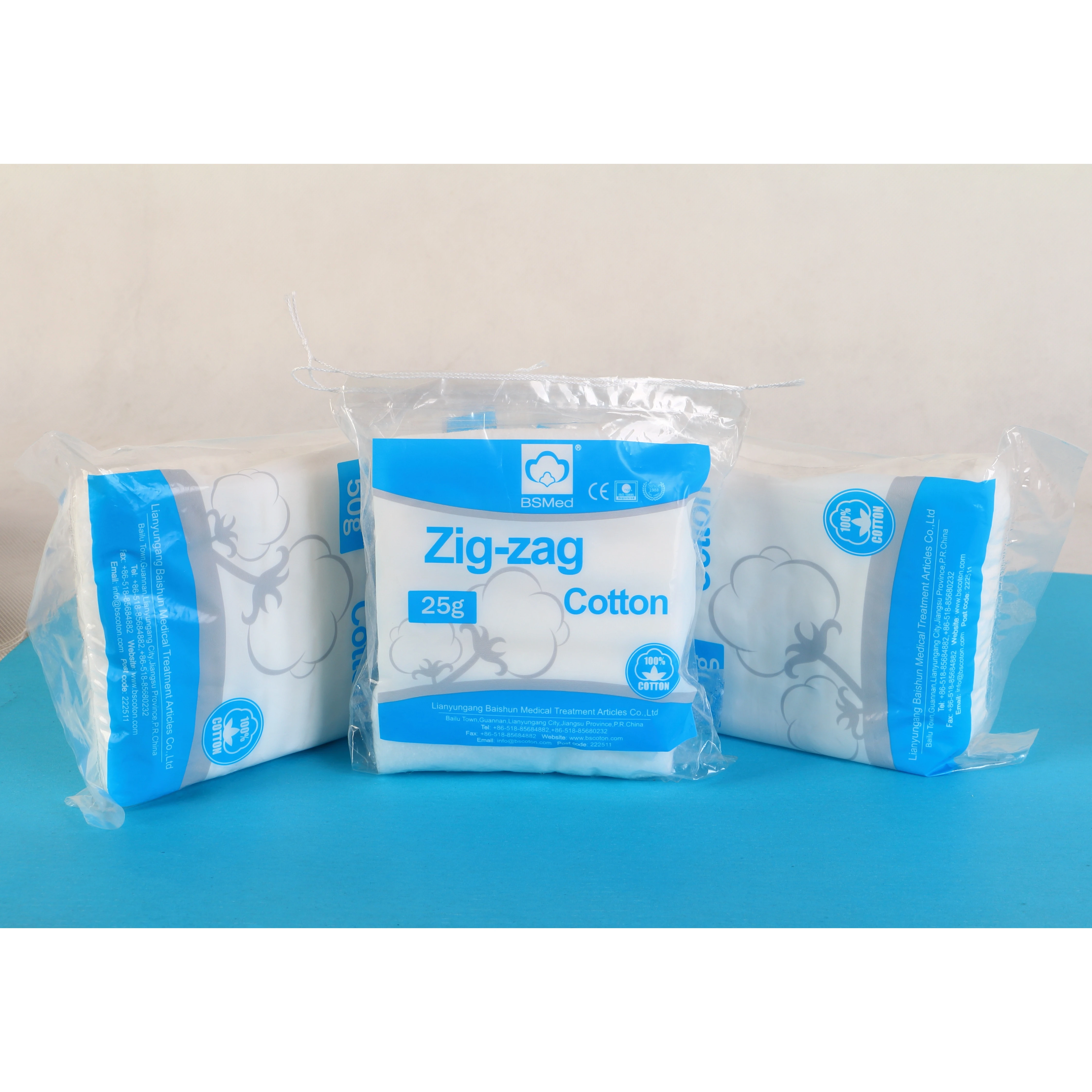 CE certified absorbent 25g-100g zigzag cotton for medical and surgical use