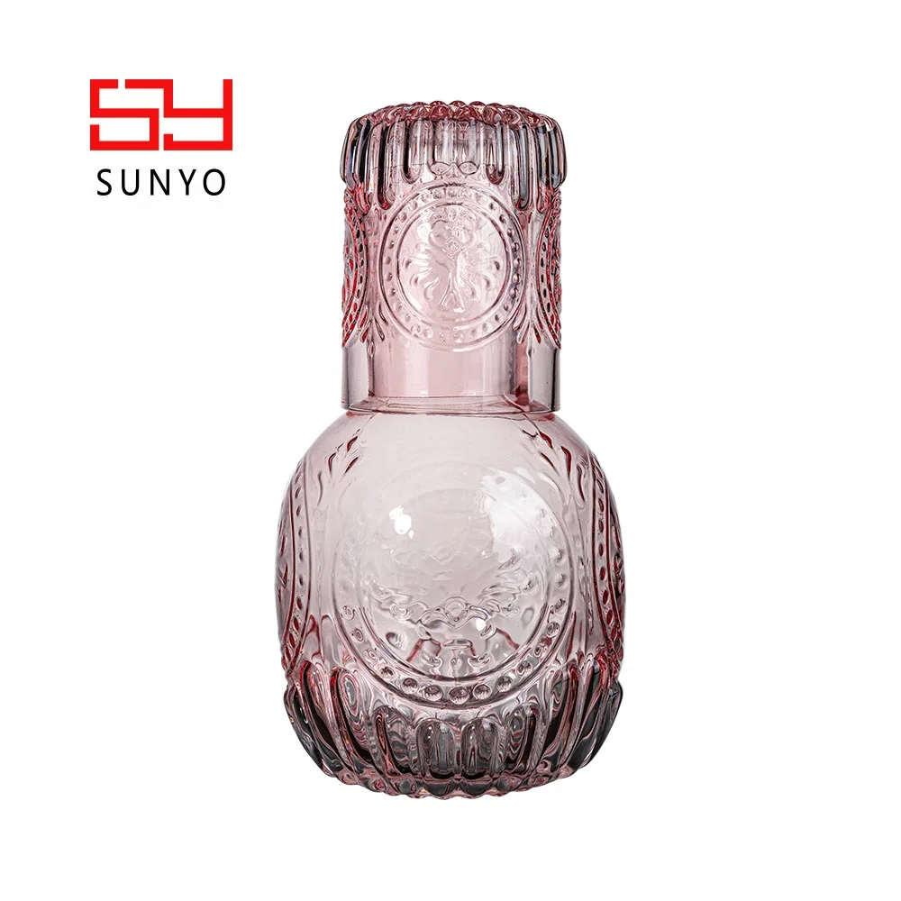 1L Hand Craft Customized Pink Colored Leadfree Crystal Embossed Relief Glass Bedside Night Water Carafe with Tumbler Glass