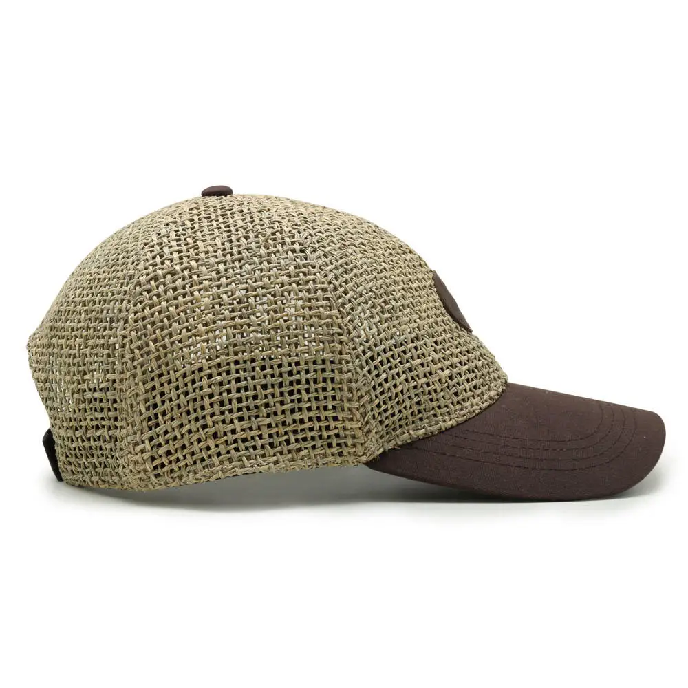 Custom grass fashion linen mesh cap patching logo breathable leather brim baseball cap