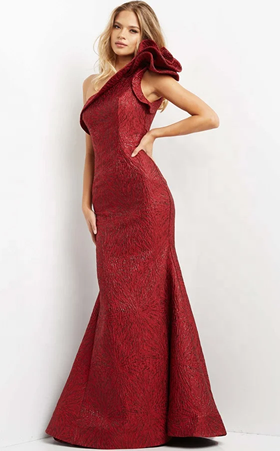 Burgundy One Shoulder Mermaid Evening Gown