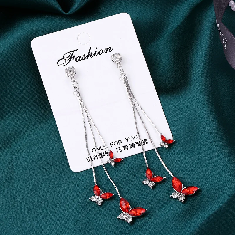 925 Silver Crystal Butterfly Earrings Long Tassel Earrings for Women