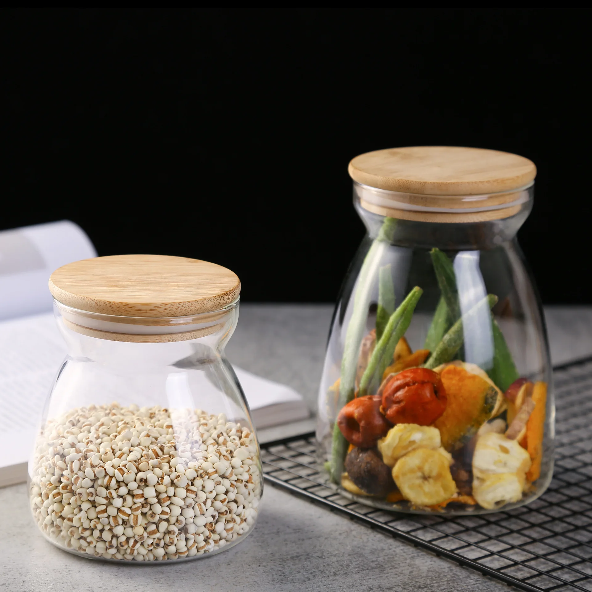 Clear Glass Food Storage Jars Containers with Airtight Bamboo Lid for Candy, Cookie, Rice, Sugar, Flour, Pasta, Nuts
