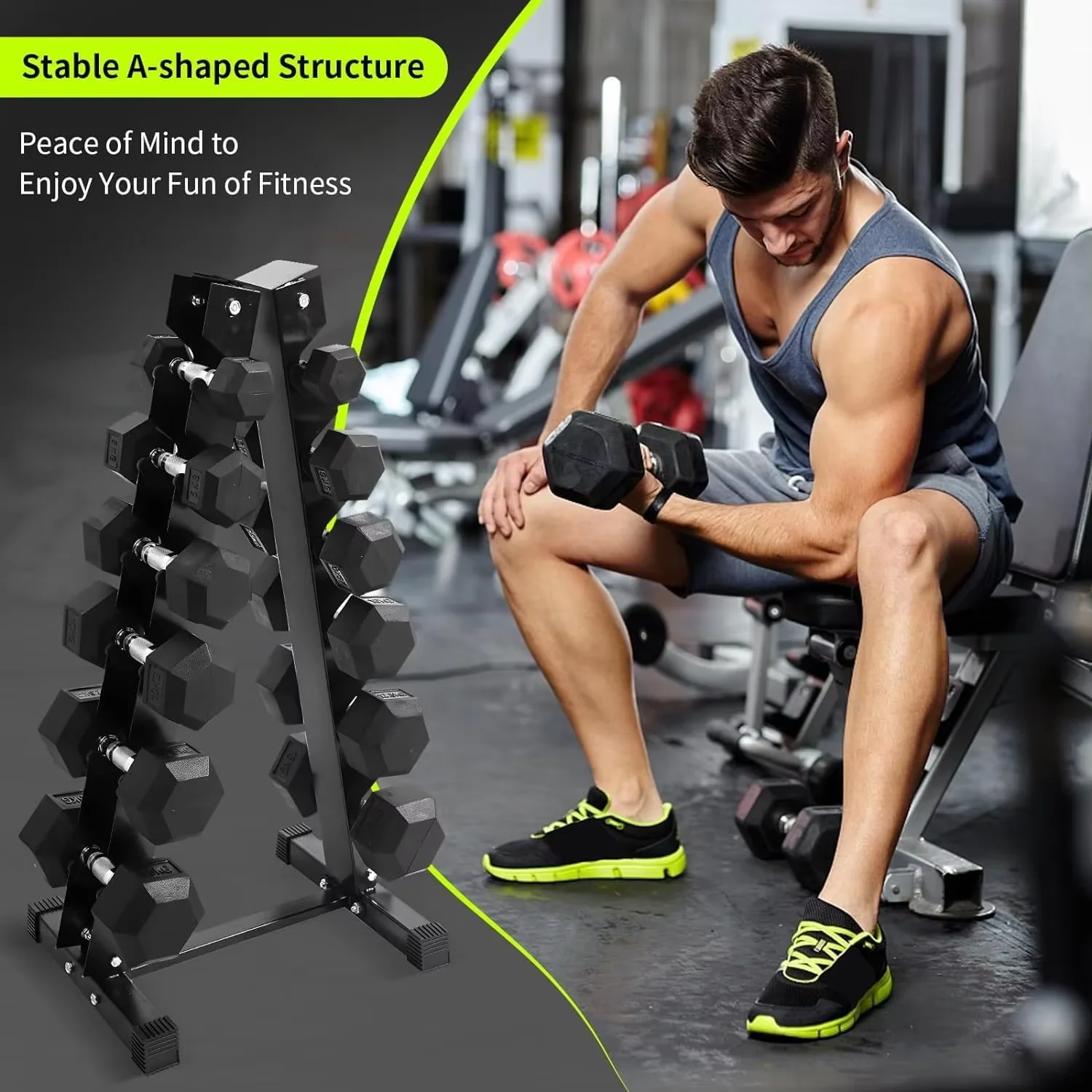 Wholesale Fitness Equipment Vertical Fixed Multi-functional Dumbbell Rack A-frame Hexagon Dumbbell Rack for Home Gym