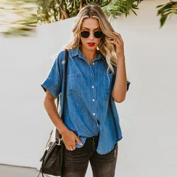 WC001 ODM OEM wholesale summer casual loose fashion denim tops Long Sleeve lapel simple pocket blouse women denim shirt