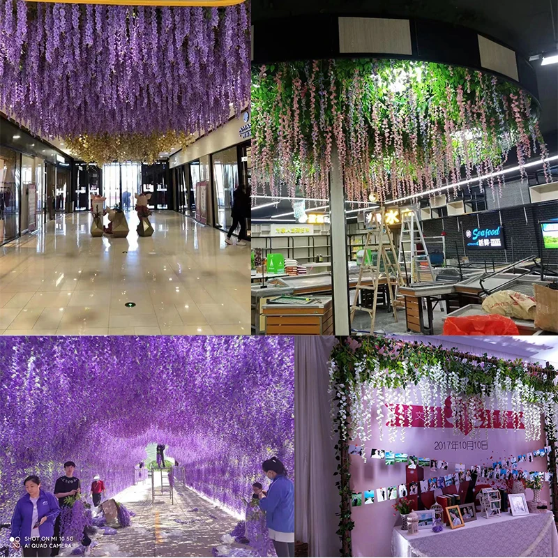 High quality artificial wisteria flower hanging vine simulation silk wisteria flower branch ceiling decoration