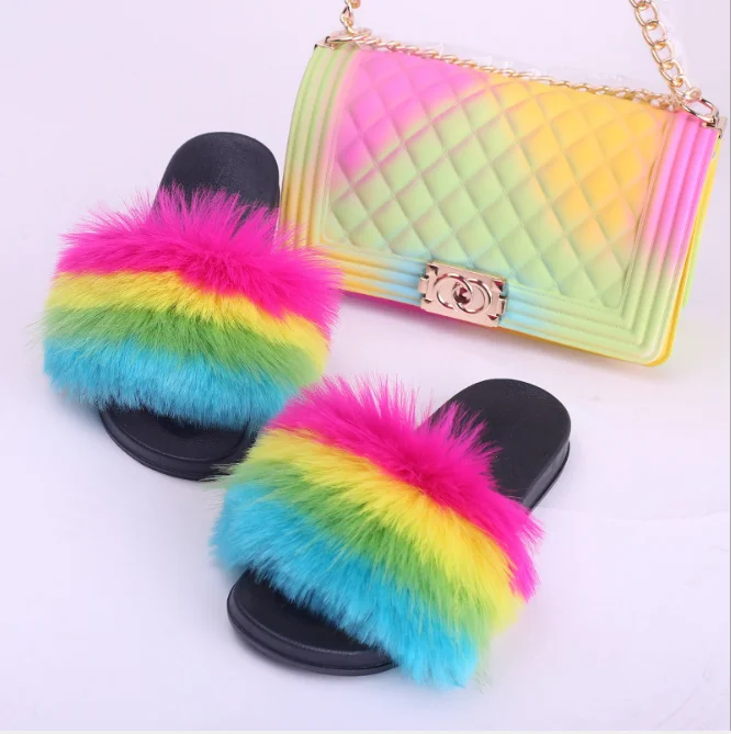 
Hot Sale Products Indoor Night Party Use Mini Jelly Purse Faux Fur Slides 