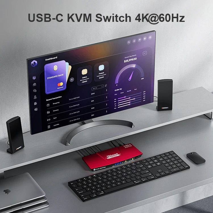 TESmart Single 3 ports USB KVM console Type C 4K 60hz KVM switch  for 3 computers sharing keyboard mouse U disk
