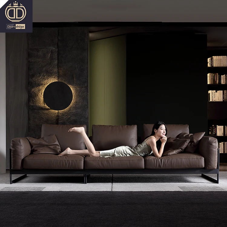 metal frame soft  family living room sofa set furniture stockholm Italian modern luxury couch chocolate dark brown leather sofa