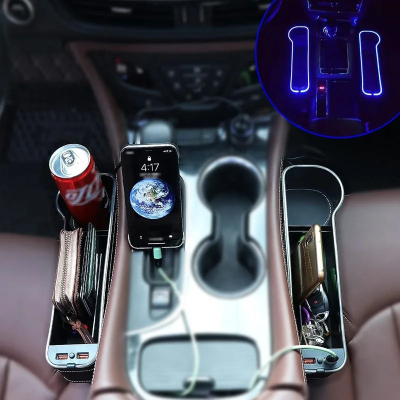 Car Seat Pockets with Led Light with USB Car Charger Luxury Auto Storage Box Car Seat Gap Organizer