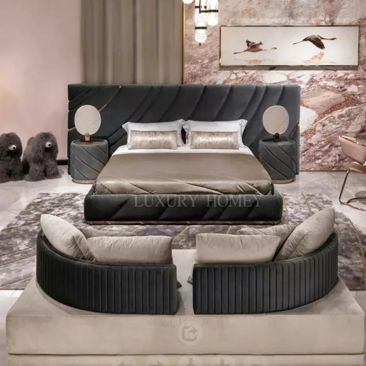 Italian high-end luxury villa large headboard king size bed set modern fashion ultrasound bedroom furniture set queen