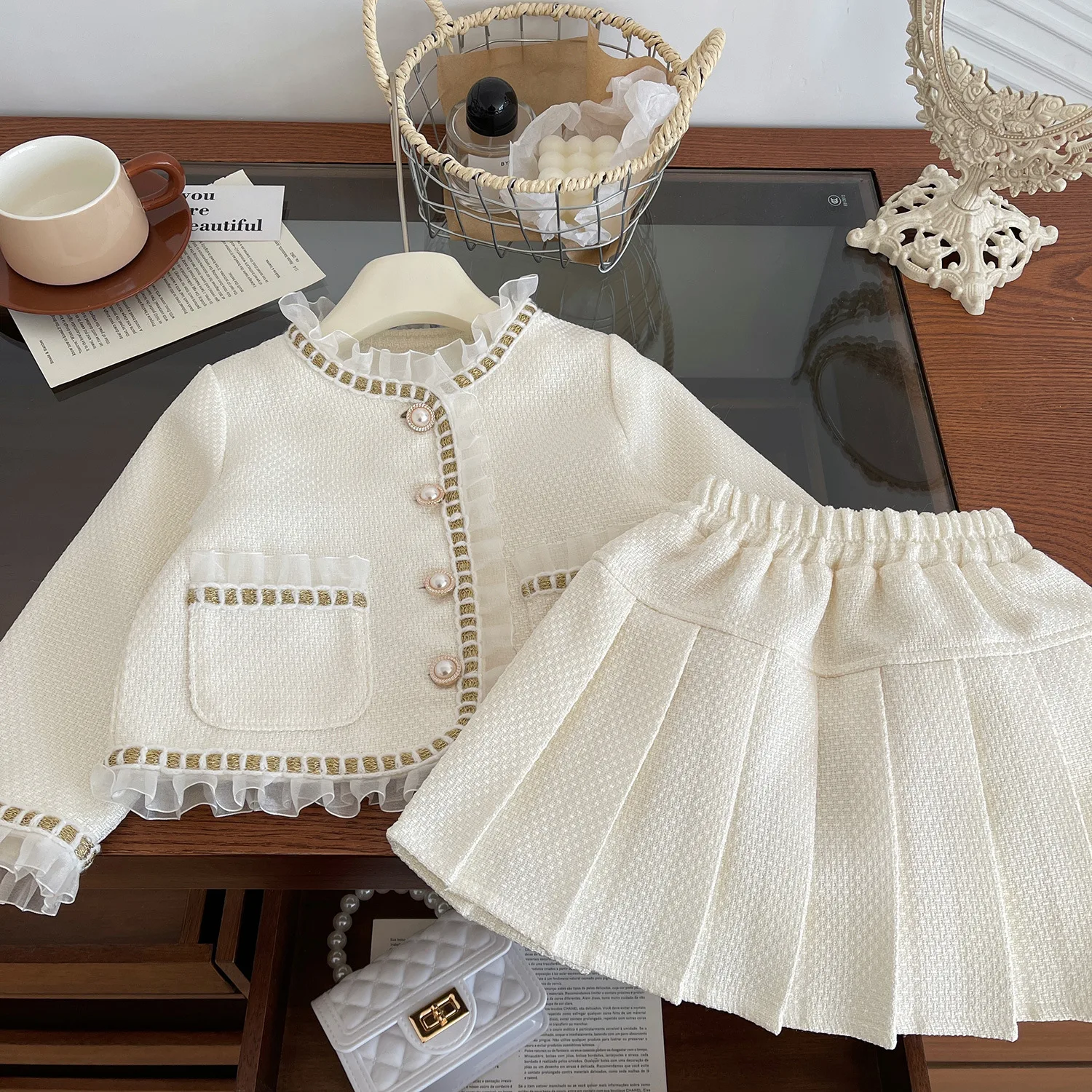 2024 New Children Girl Beige Jacket + Pleated Skirt 2 pcs Prppy Clothing Set 2-7 Years