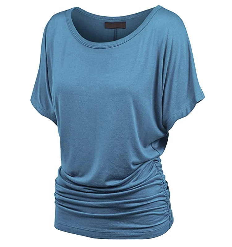 Custom v neck t shirts women side shirring fashionable Short Sleeve Boat Neck V Neck Rayon Bamboo summer T-shirt Women