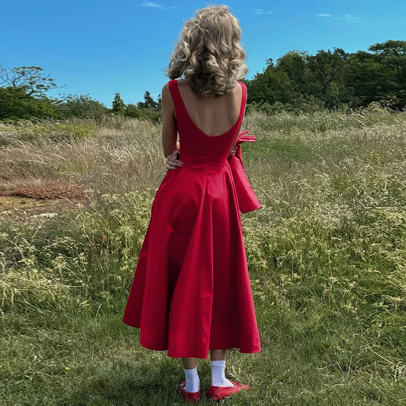 casual red dresses women 2024 summer dress ladies chic sleeveless backless sun dress