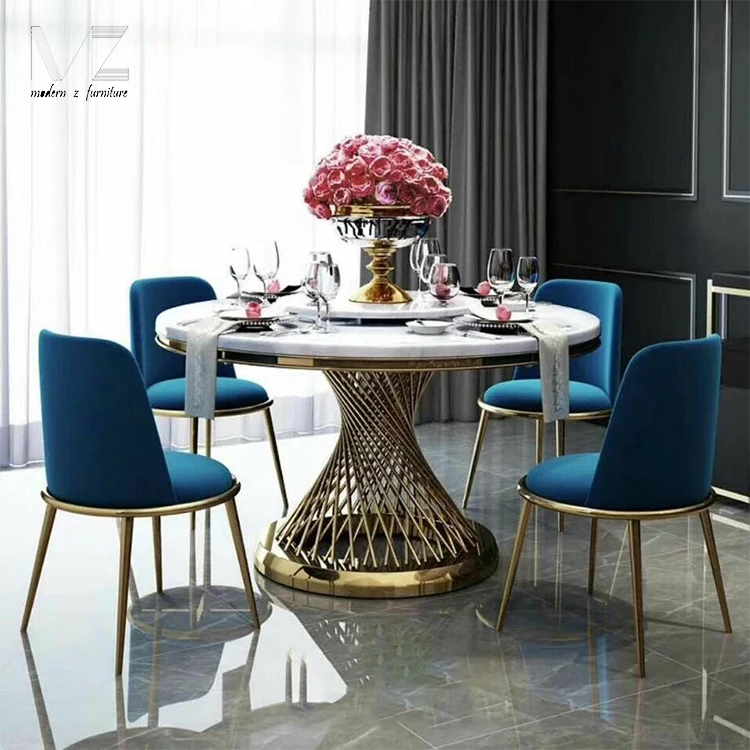 Modern Royal Gold Dinning Sets Furniture Sintered Stone Marble Top Round Dining Table With 4 6 Seats Chairs