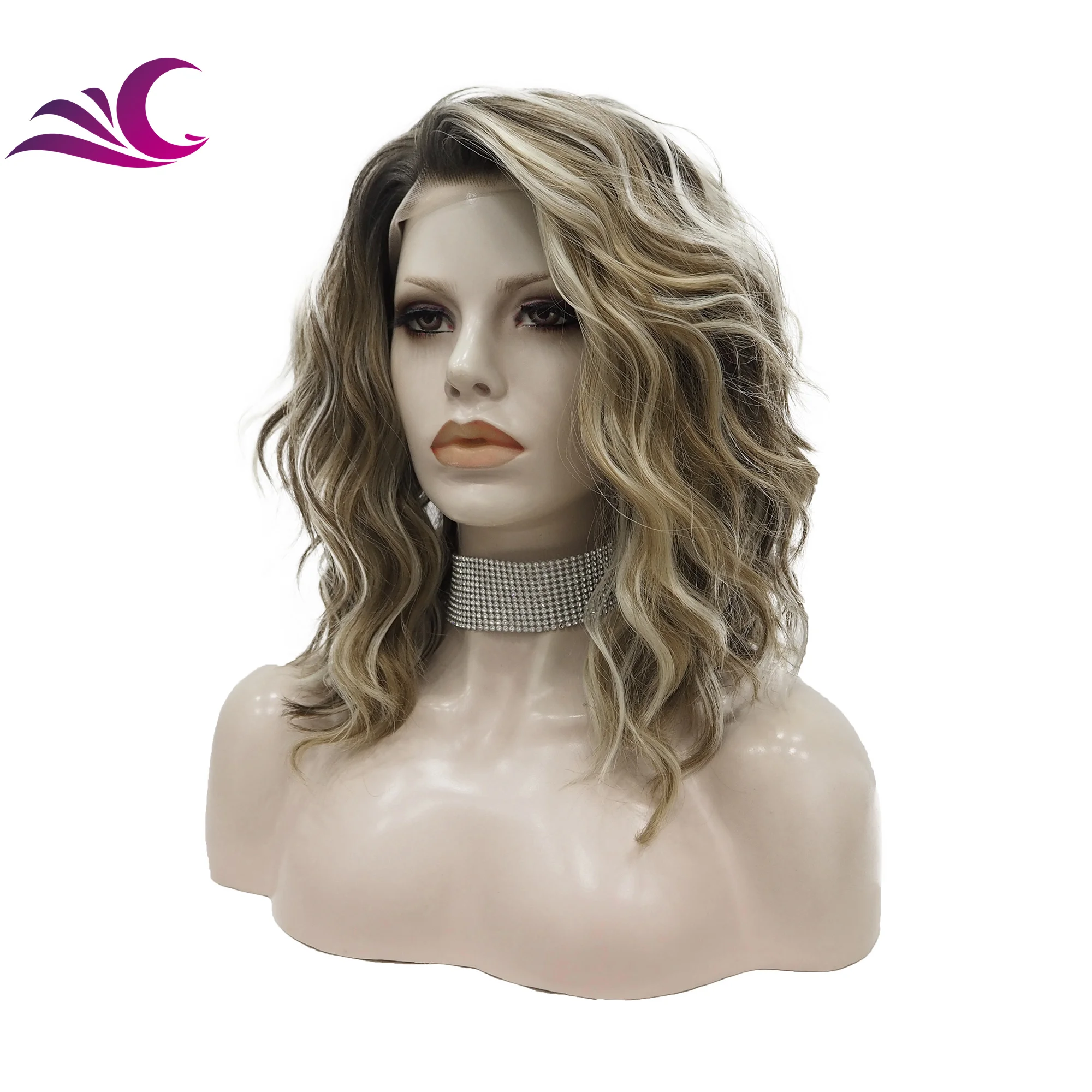 Celebrity three color dark root mix brown color synthetic hair wigs for white ladies