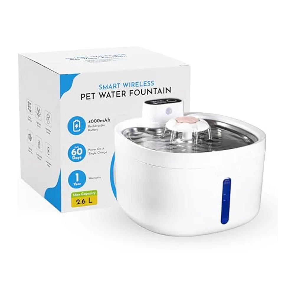 89oz/2.6L Stainless Steel Wireless Pet Fountain Motion Detection Smart Pump Ultra-Silent Automatic Water Dispenser for Cat