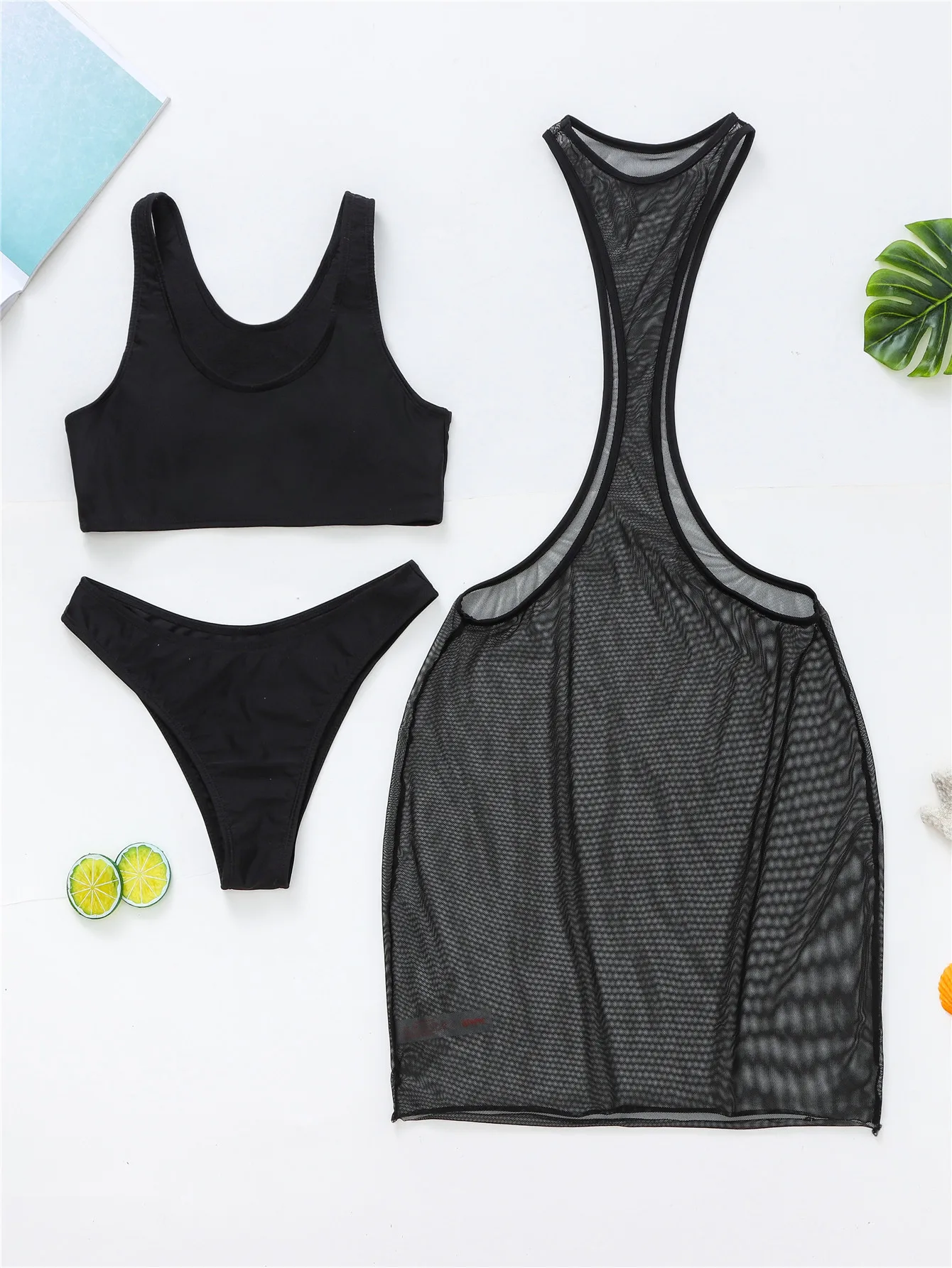 New Solid Color Sexy Mature Women Mesh Cover Up Three Piece Beautiful Bikini Transparent Swimsuit