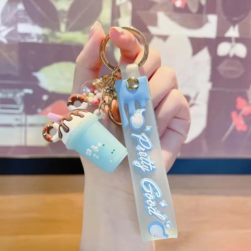Cute drink keychain Candy Color donuts Ice Cream keychain pvc 3d soft cup Pendant Design boba milk tea keychain lovers gift