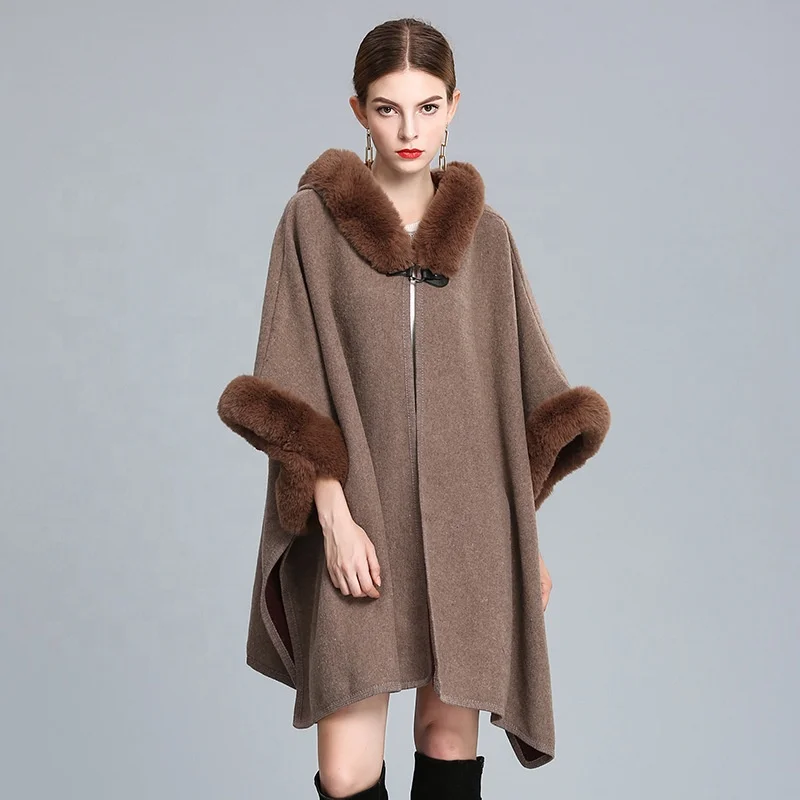 New fashion faux rex rabbit fur collar winter shawl hooded cloak for women coat loose cardigan