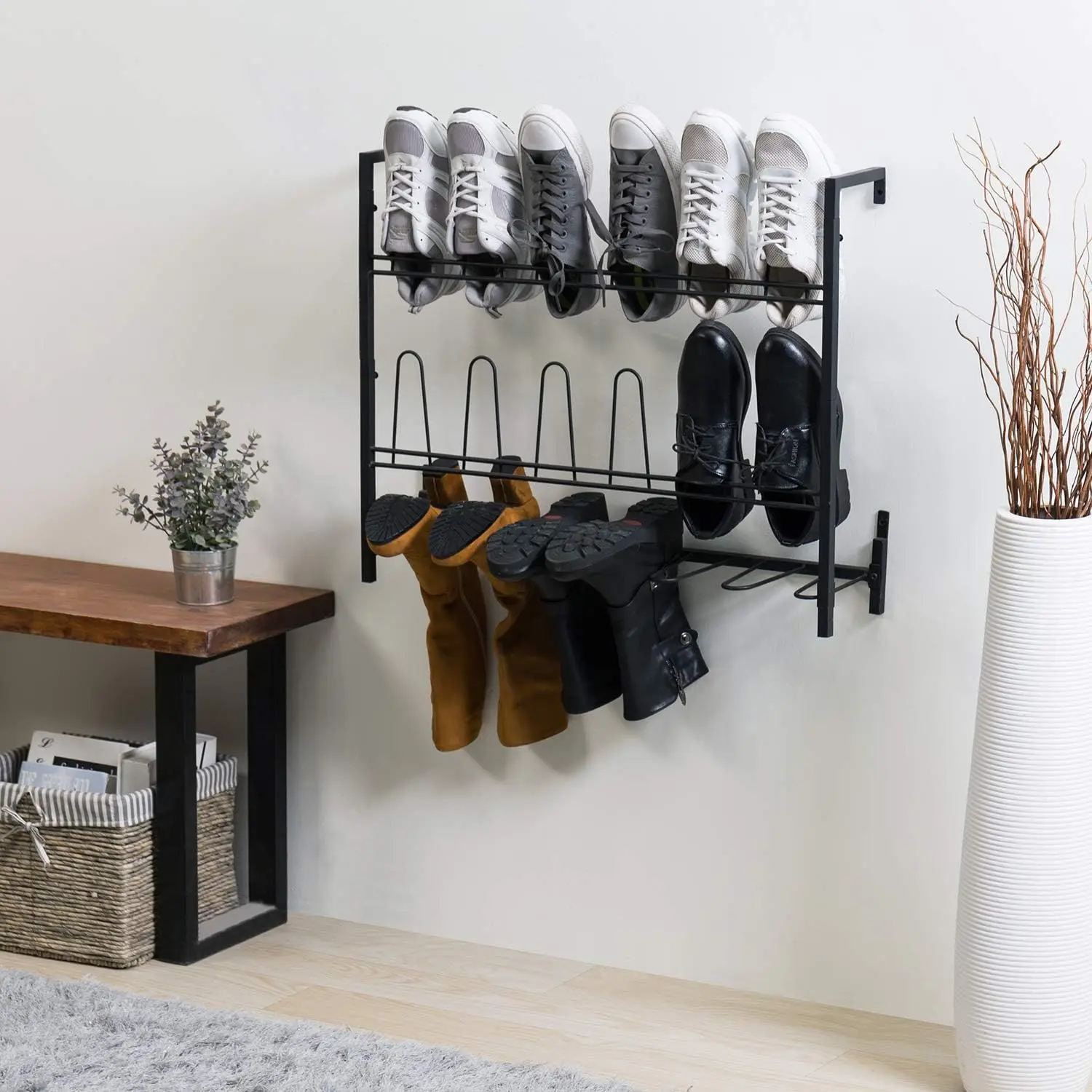 Wholesale New Design Black Metal Hanging Wall Mounted Shoe Rack Space Saving Boot and Shoe Rack Organizer Holds 9 Pairs