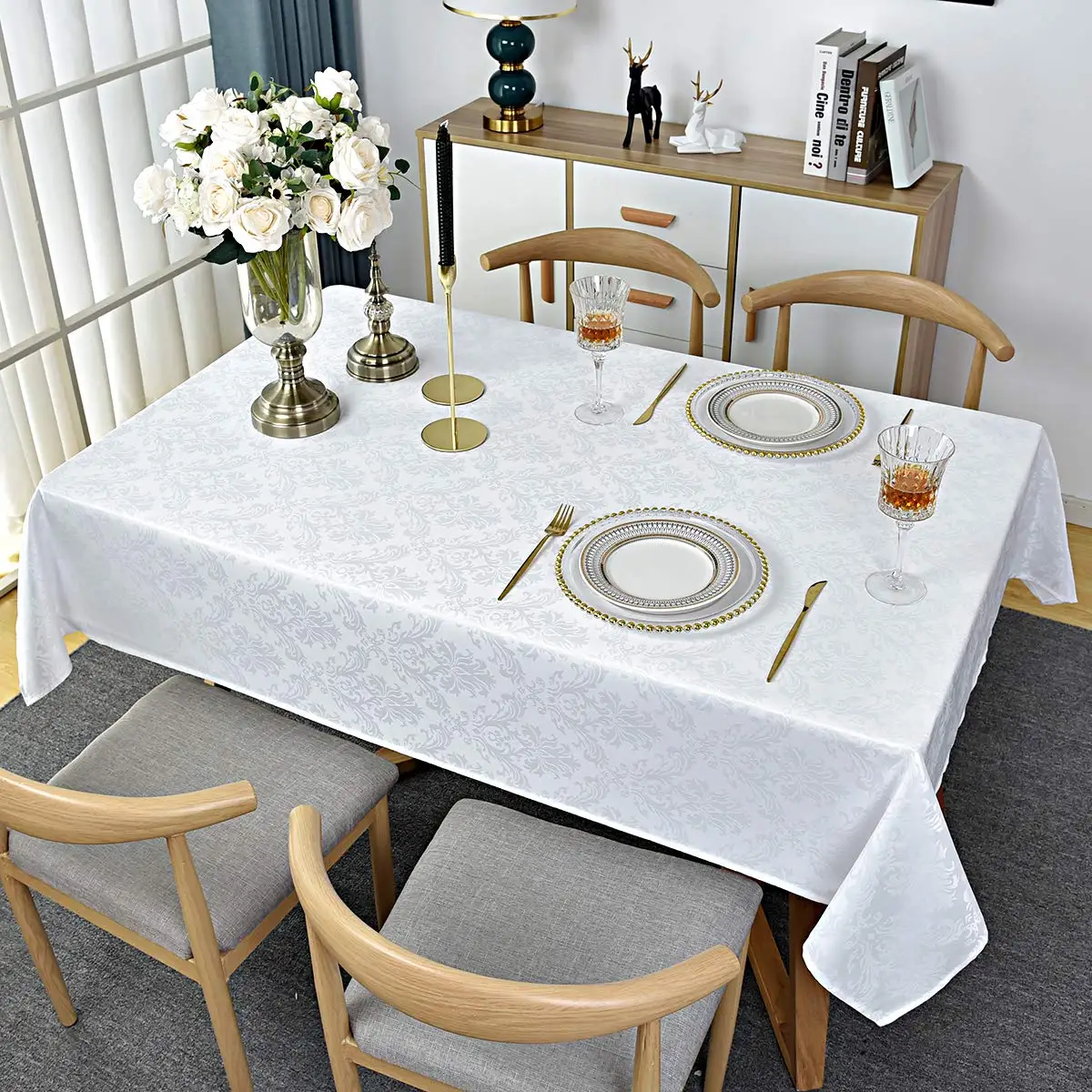 Jacquard Table Cloth Damask Wrinkle Resistant Polyester Tablecloth for Wedding Hotel
