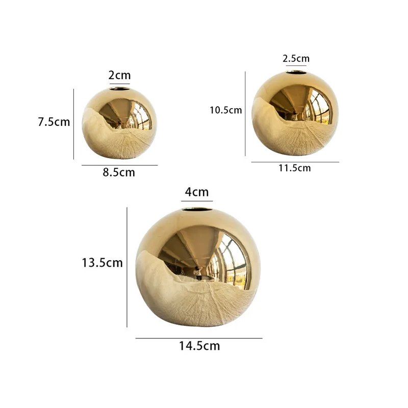 Wholesale Custom Mirror Sphere Electroplated Golden Round Bud Ball Luxury European Style Gold Nordic Modern Ceramic Vase